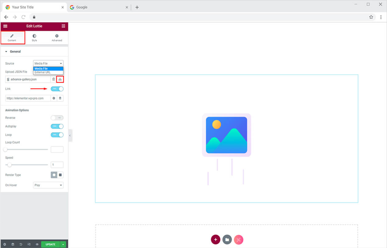 demonstrating how to use lottie file widget for Elementor