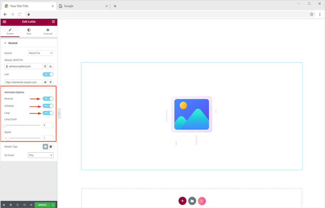 Animation option in the Elementor lottie animation widget