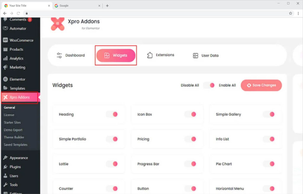 Xpro Addons plugin dashboard in WordPress