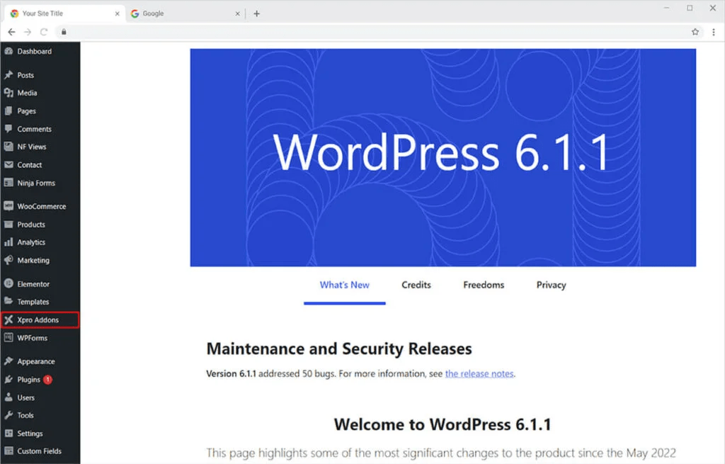WordPress Dashboard highlighting xpro addons