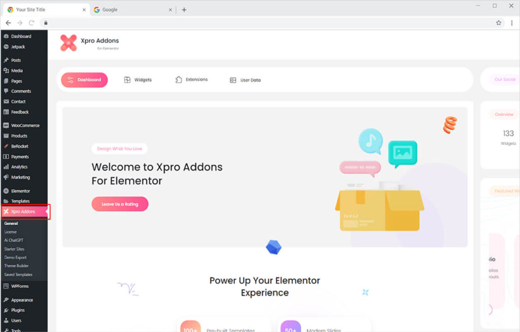 Xpro Addons dashboard in WordPress 